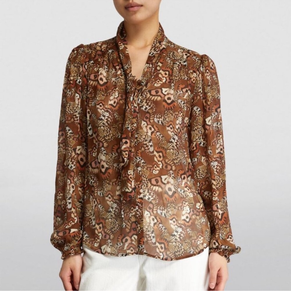 PAIGE MARCELA SILK CHIFFON BLOUSE BUTTERFLY PRINT CINNAMON MULTI SMALL NWOT